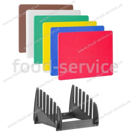 Набор разделочных досок Hendi 825686 6шт HACCP 450x300x(H)10 и стойка